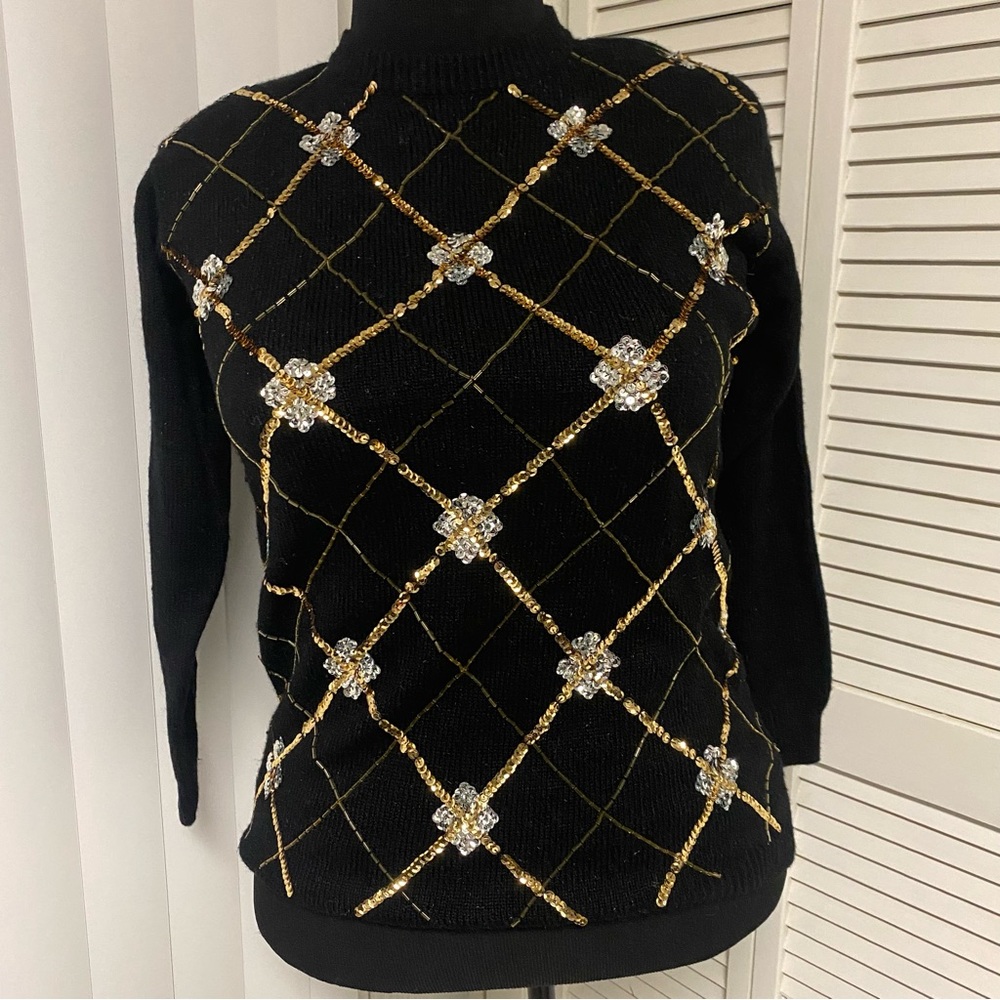 Alfred Dunner Sweater Gold/Silver Sequin/Bead Checker Argyle Size Petite Med PM